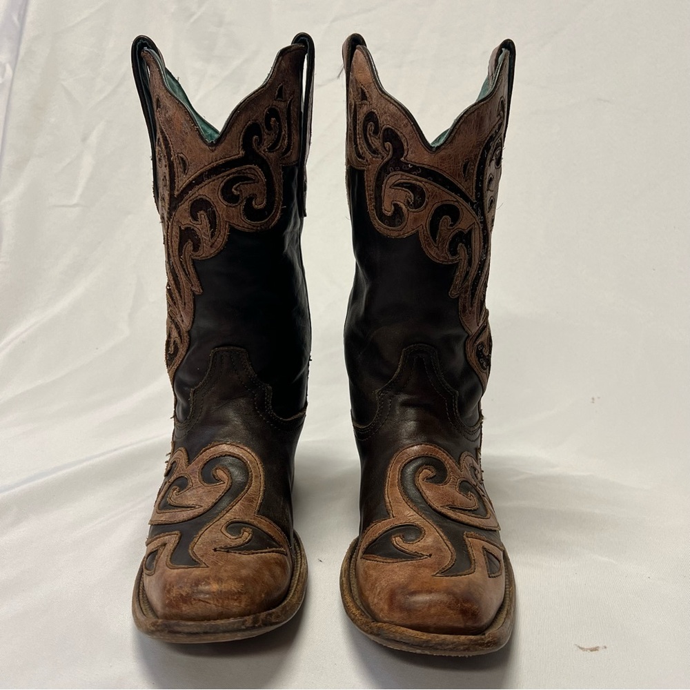 Corral Women’s Leather Two Tone Inlay Brown Square Toe Cowboy Boots Size 9.5 - Picture 4 of 9